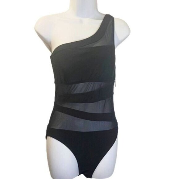 Women's One Piece Swimsuit Mesh‎ Front Asymmetrical One Shoulder Long - Picture 2 of 8